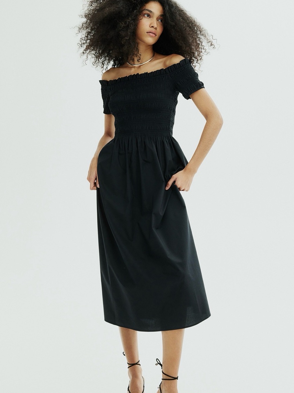 H&M Black Smocked Off-Shoulder Midi Dress